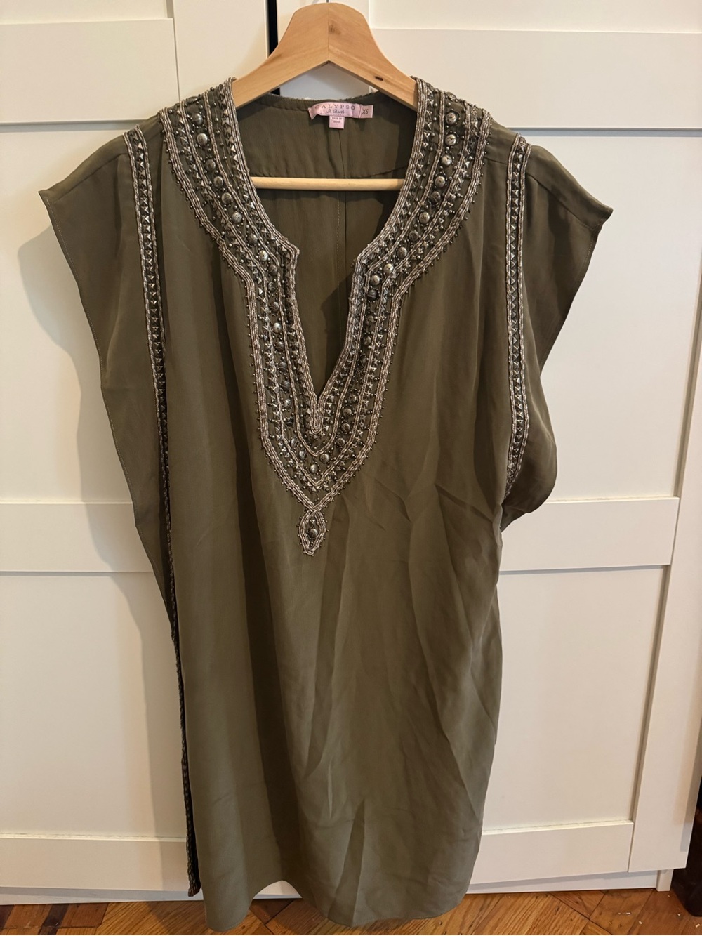 Calypso St. Barth Olive Green Silk Embellished Tunic